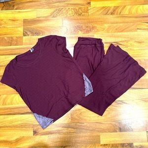 Chelsea28 Pajama Set Ribbed Maroon With Lavender Lace Detail Flare Bottom Size M
